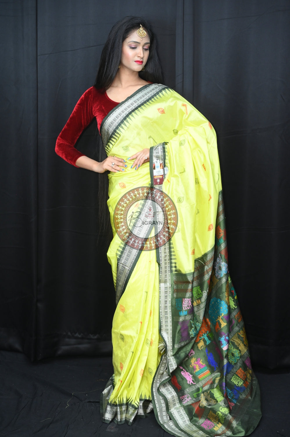 Light Yellow Mehndi Rasleela Exclusive Sambalpuri Silk Saree