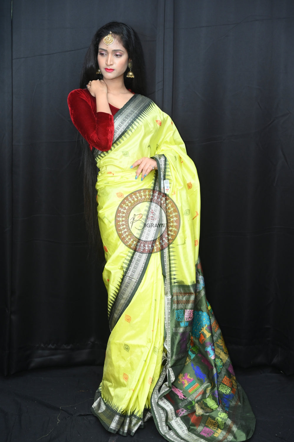 Light Yellow Mehndi Rasleela Exclusive Sambalpuri Silk Saree