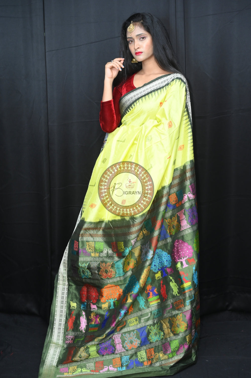 Light Yellow Mehndi Rasleela Exclusive Sambalpuri Silk Saree