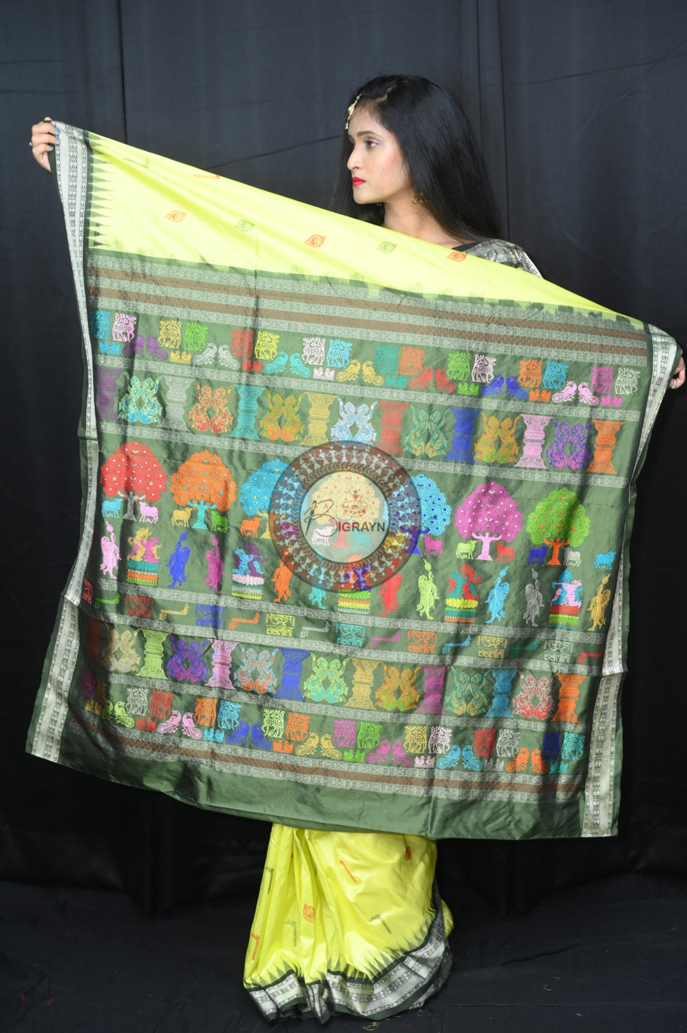 Light Yellow Mehndi Rasleela Exclusive Sambalpuri Silk Saree