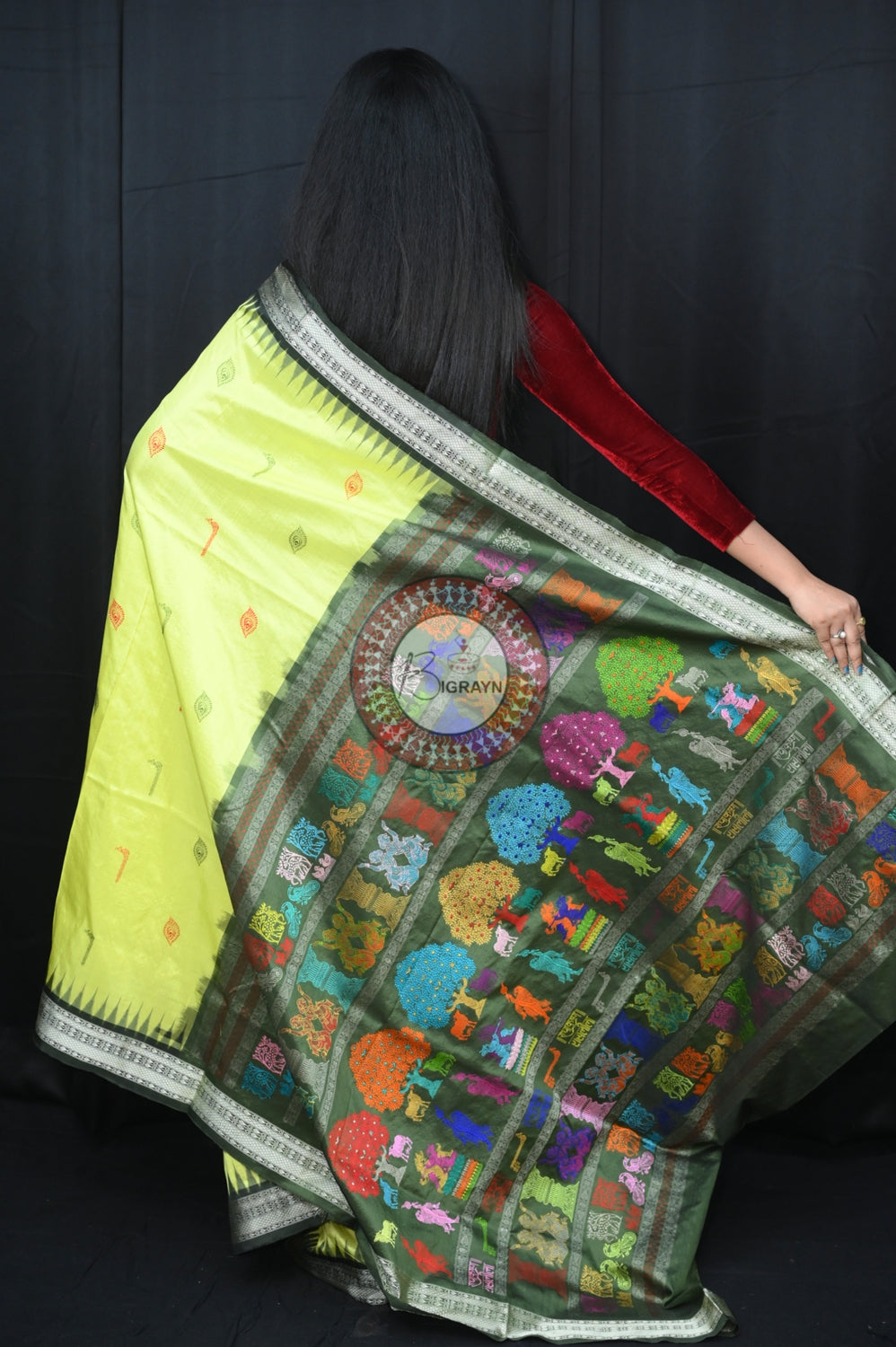 Light Yellow Mehndi Rasleela Exclusive Sambalpuri Silk Saree