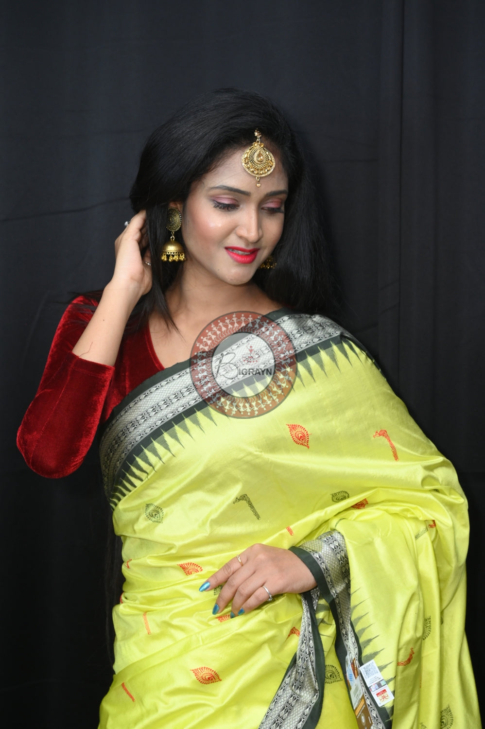Light Yellow Mehndi Rasleela Exclusive Sambalpuri Silk Saree
