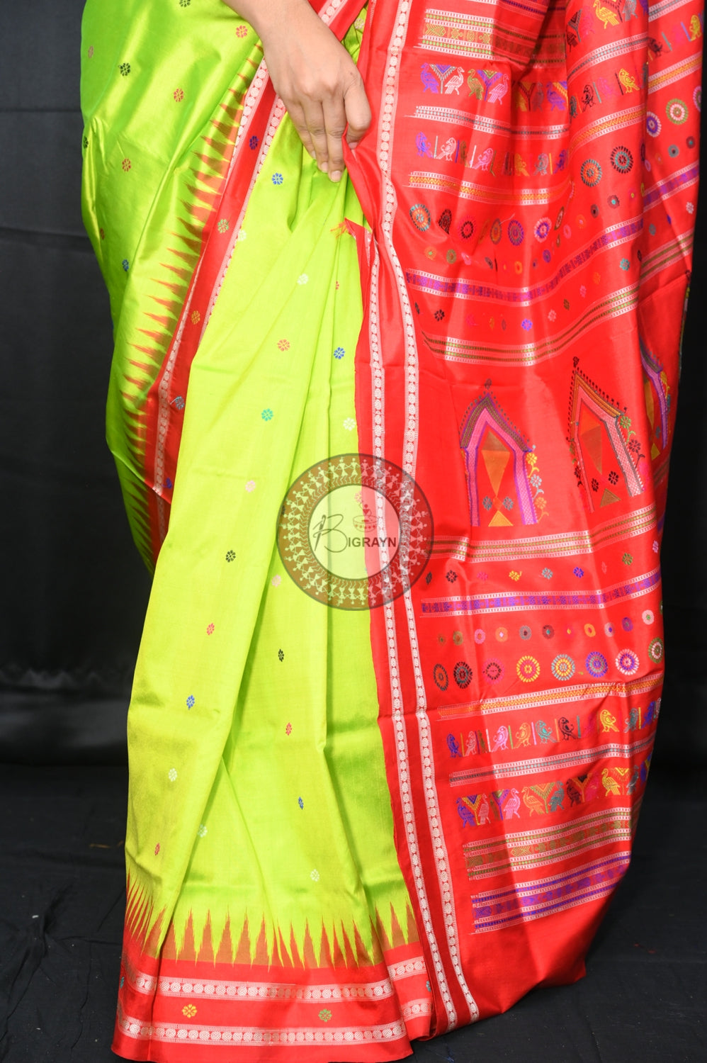 Neon Green Red Dolabedi Silk Saree