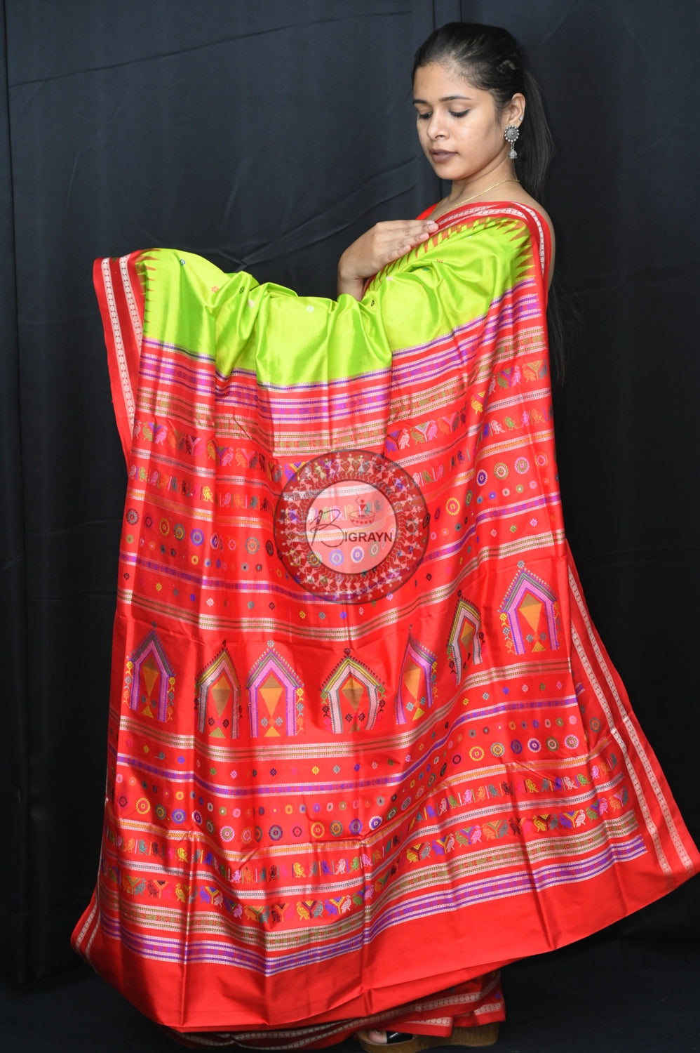 Neon Green Red Dolabedi Silk Saree