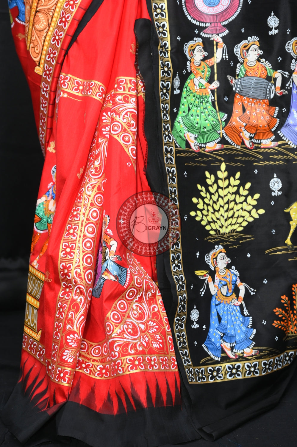 Red Black Big Box Radha Krishna Doli Pattachitra Silk Saree