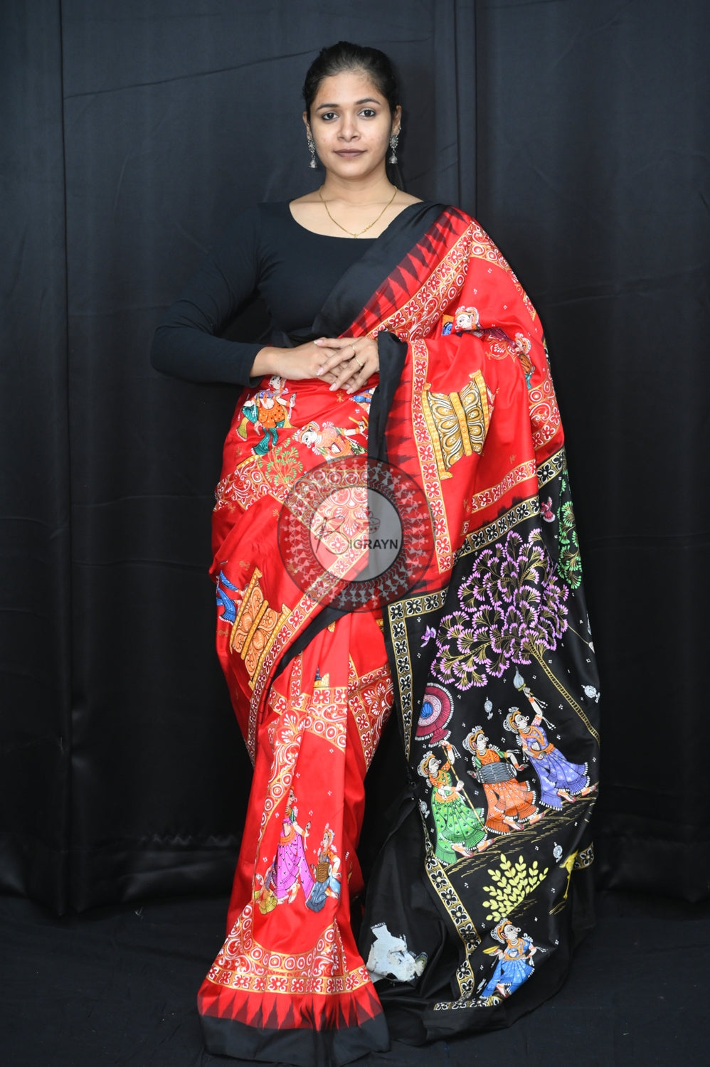 Red Black Big Box Radha Krishna Doli Pattachitra Silk Saree