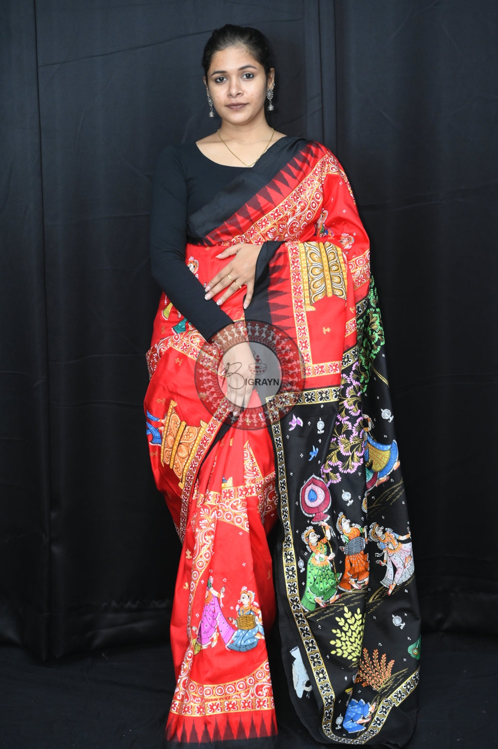 Red Black Big Box Radha Krishna Doli Pattachitra Silk Saree