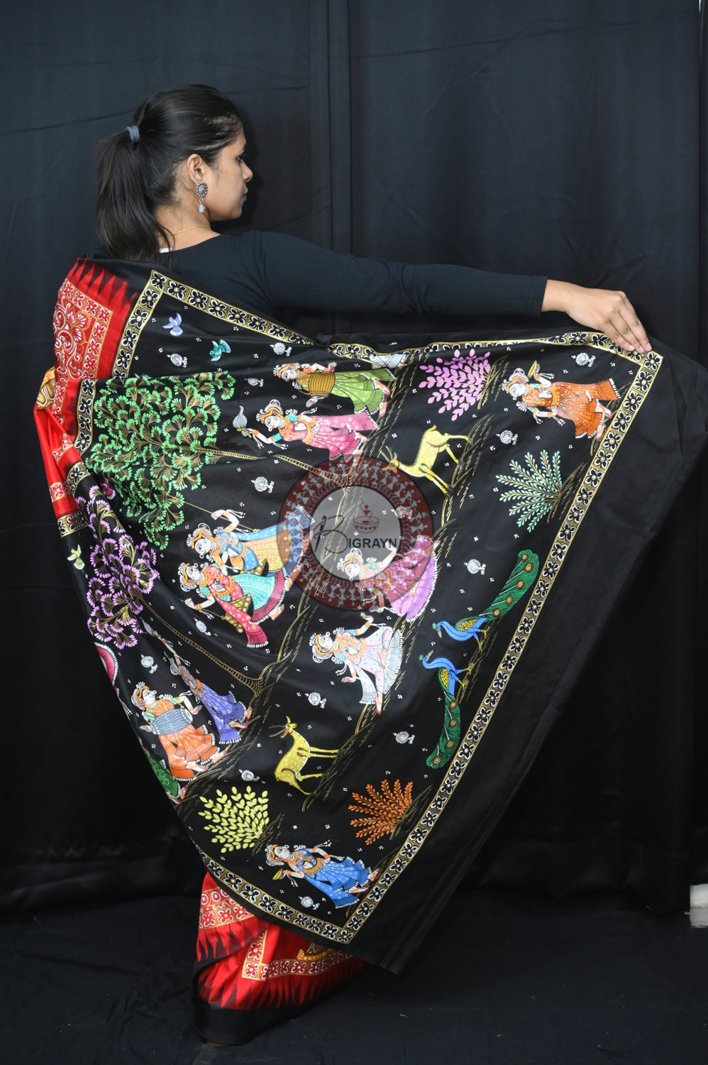 Red Black Big Box Radha Krishna Doli Pattachitra Silk Saree