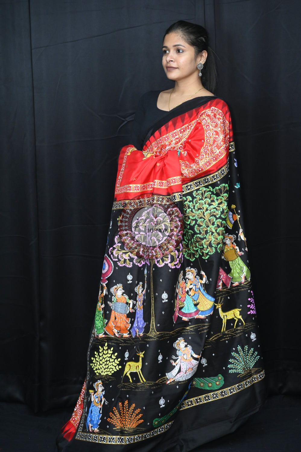 Red Black Big Box Radha Krishna Doli Pattachitra Silk Saree