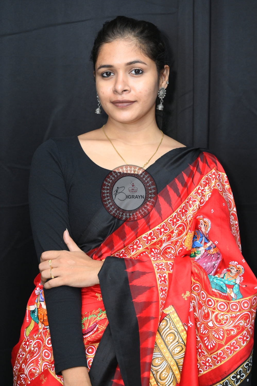Red Black Big Box Radha Krishna Doli Pattachitra Silk Saree