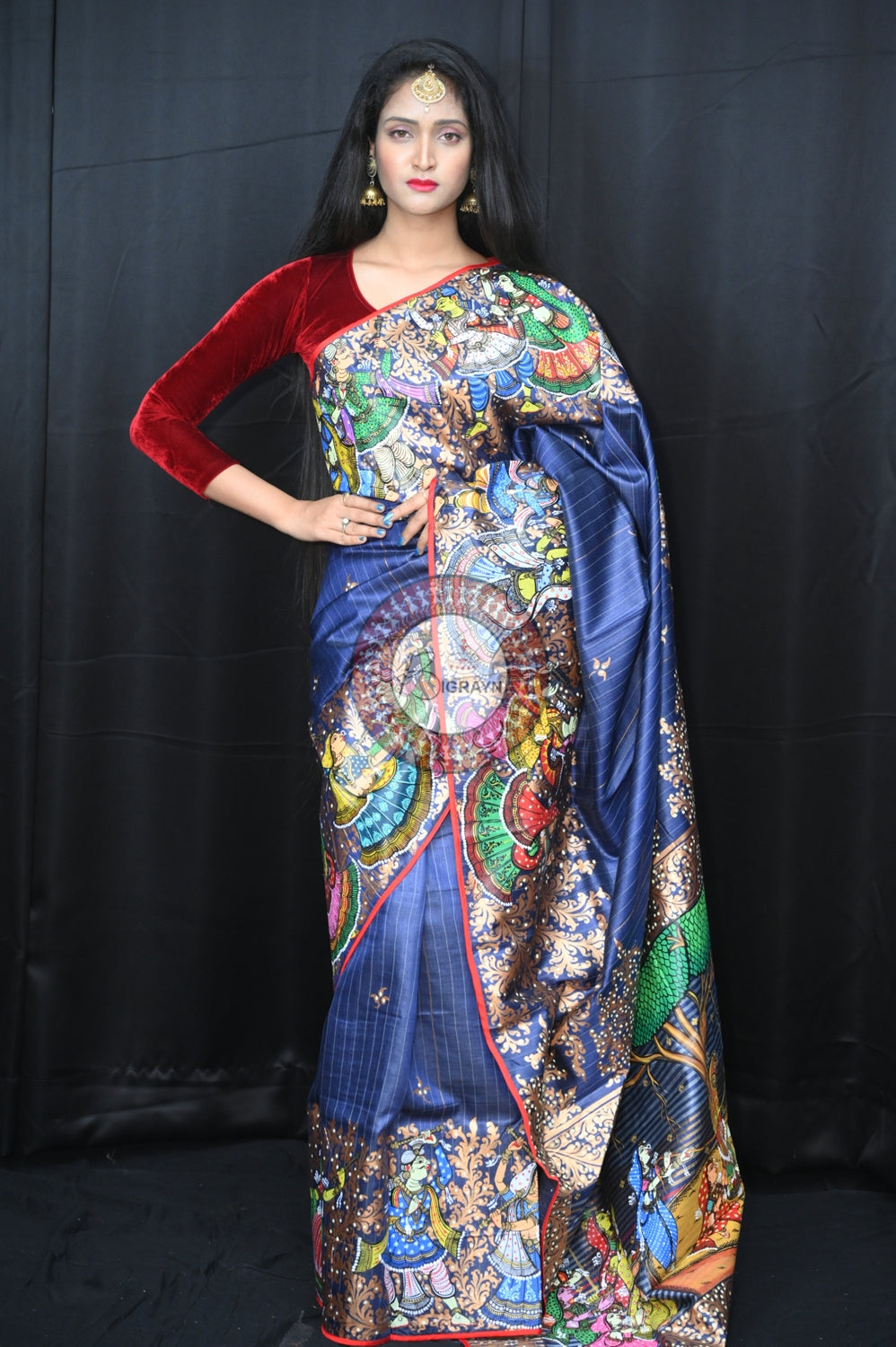 Grey Red Bata Sabitri Theme Tussar Pattachitra Saree