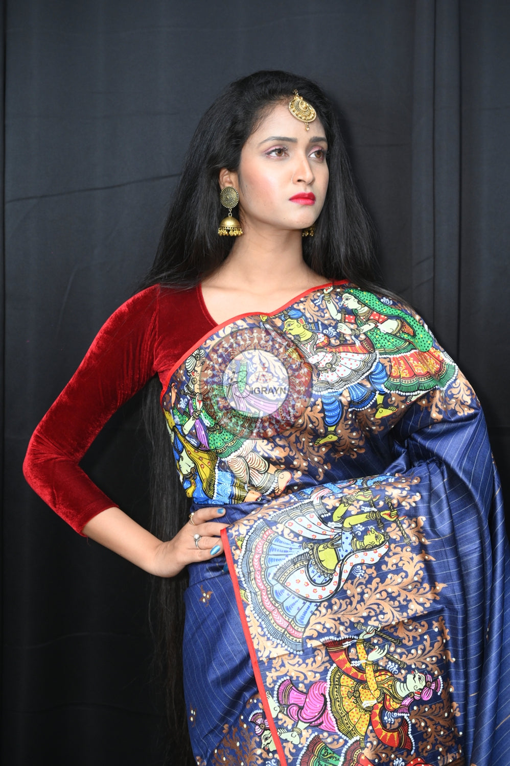 Grey Red Bata Sabitri Theme Tussar Pattachitra Saree