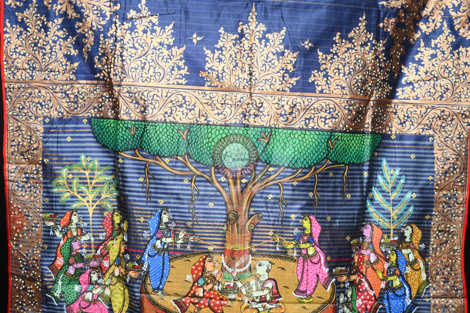 Grey Red Bata Sabitri Theme Tussar Pattachitra Saree