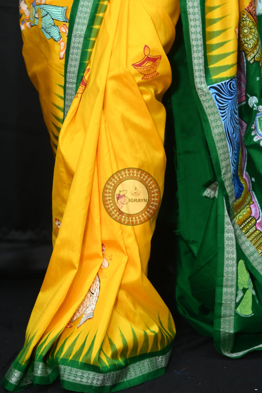 Yellow Green Rama Abhisek Pattachitra Silk Saree