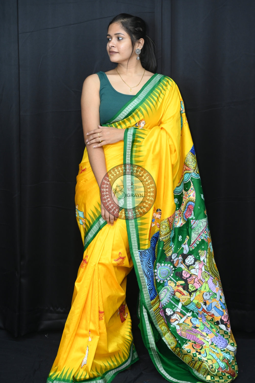 Yellow Green Rama Abhisek Pattachitra Silk Saree