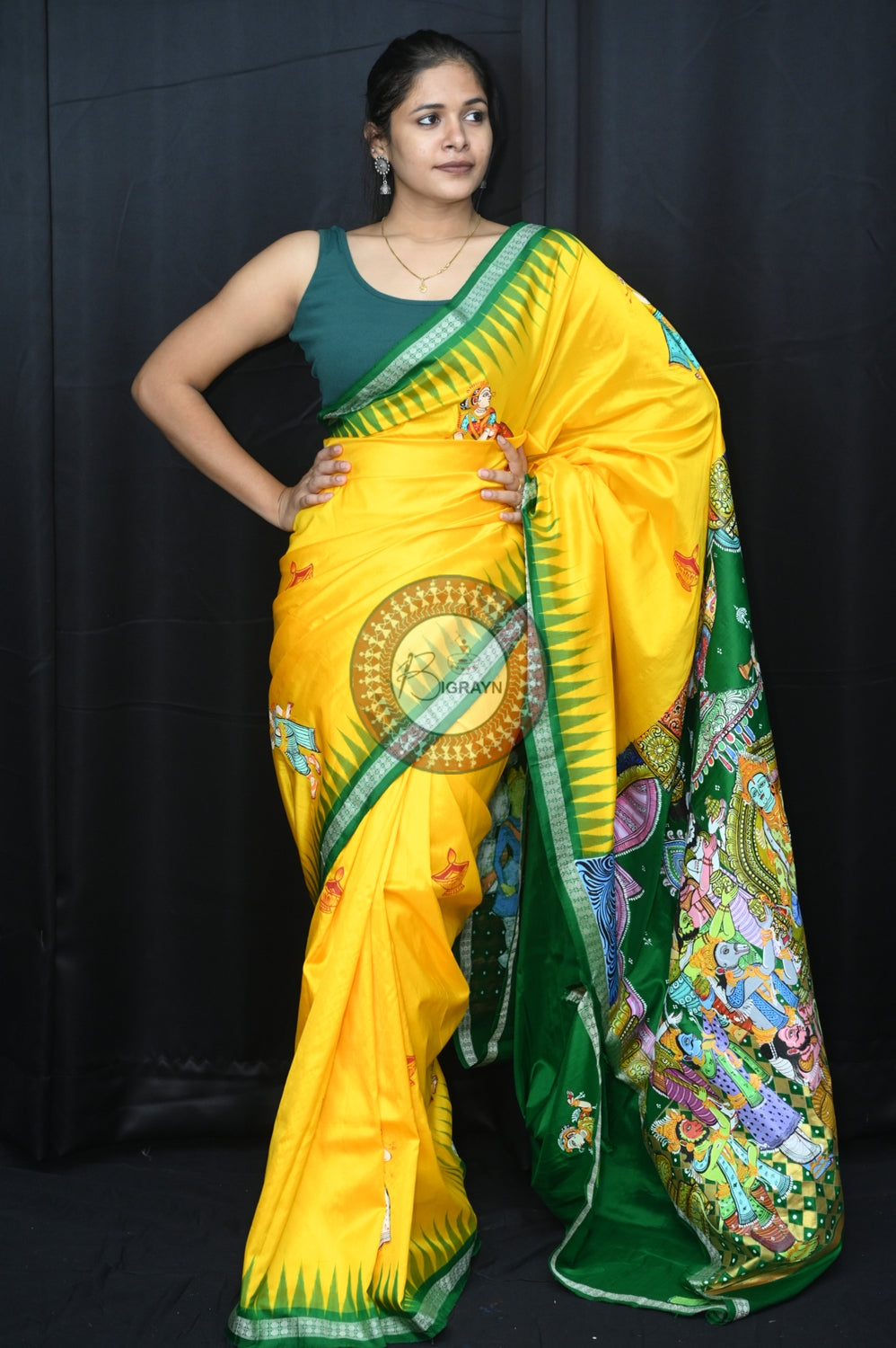 Yellow Green Rama Abhisek Pattachitra Silk Saree