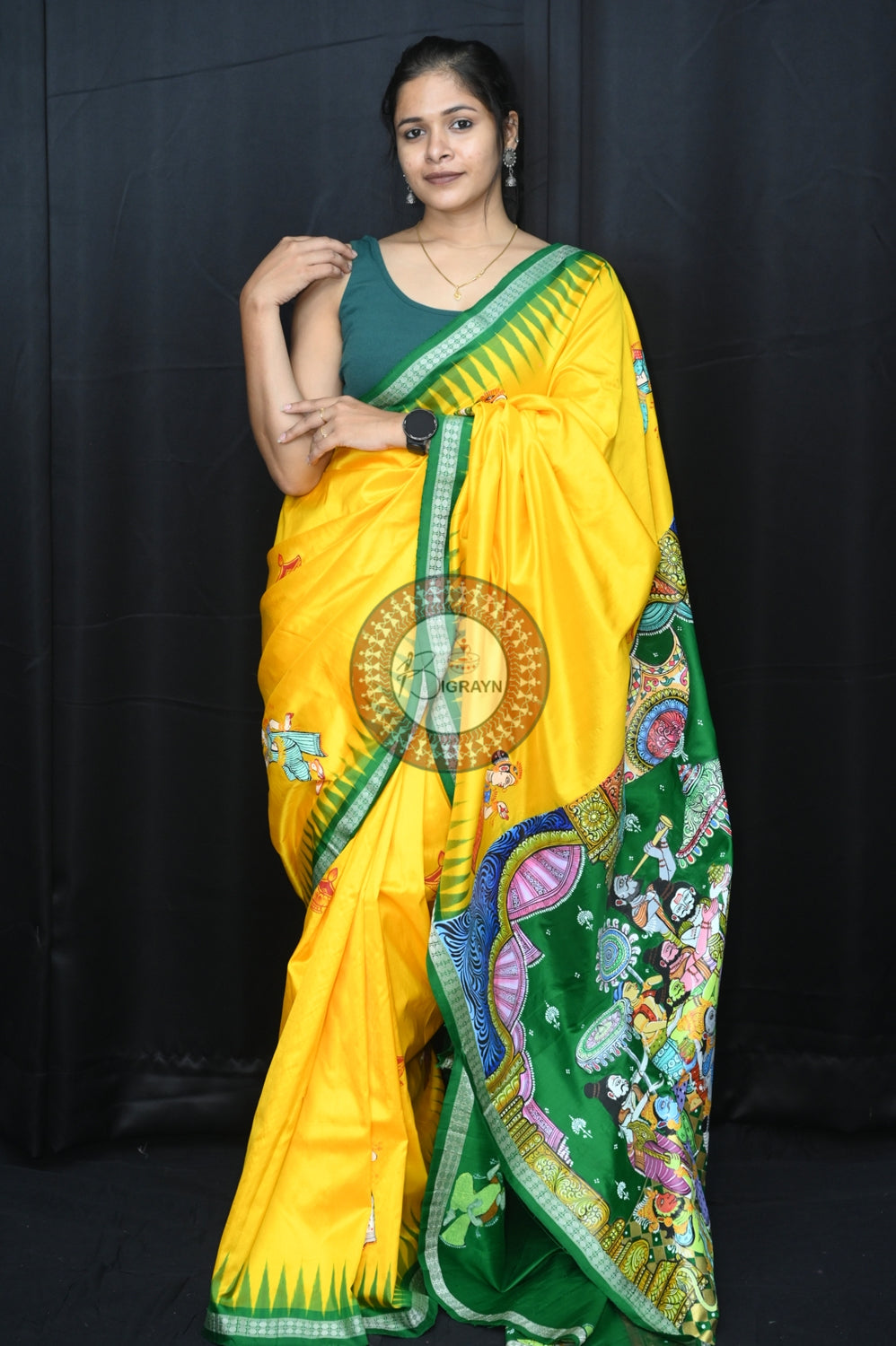 Yellow Green Rama Abhisek Pattachitra Silk Saree