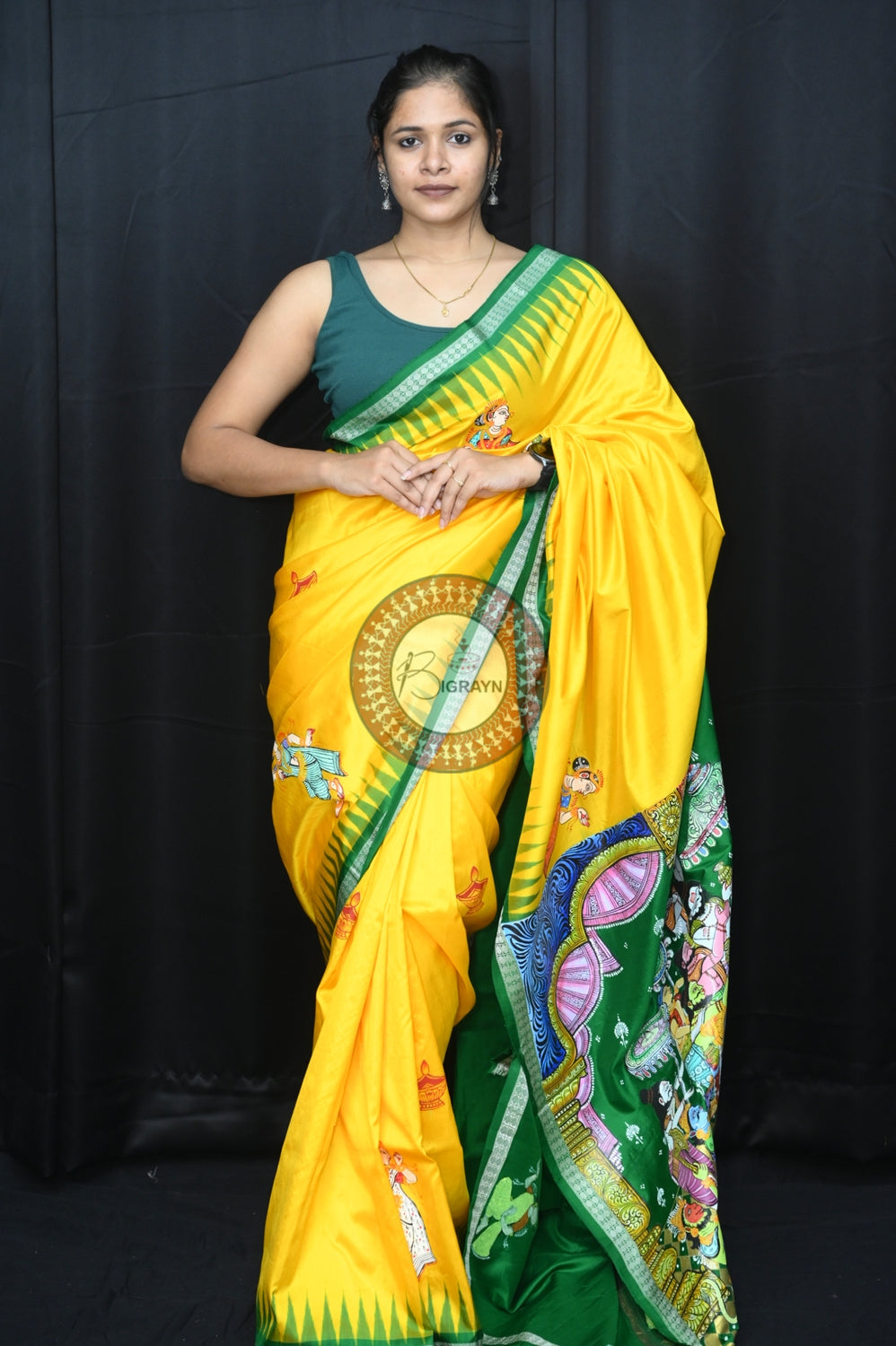 Yellow Green Rama Abhisek Pattachitra Silk Saree