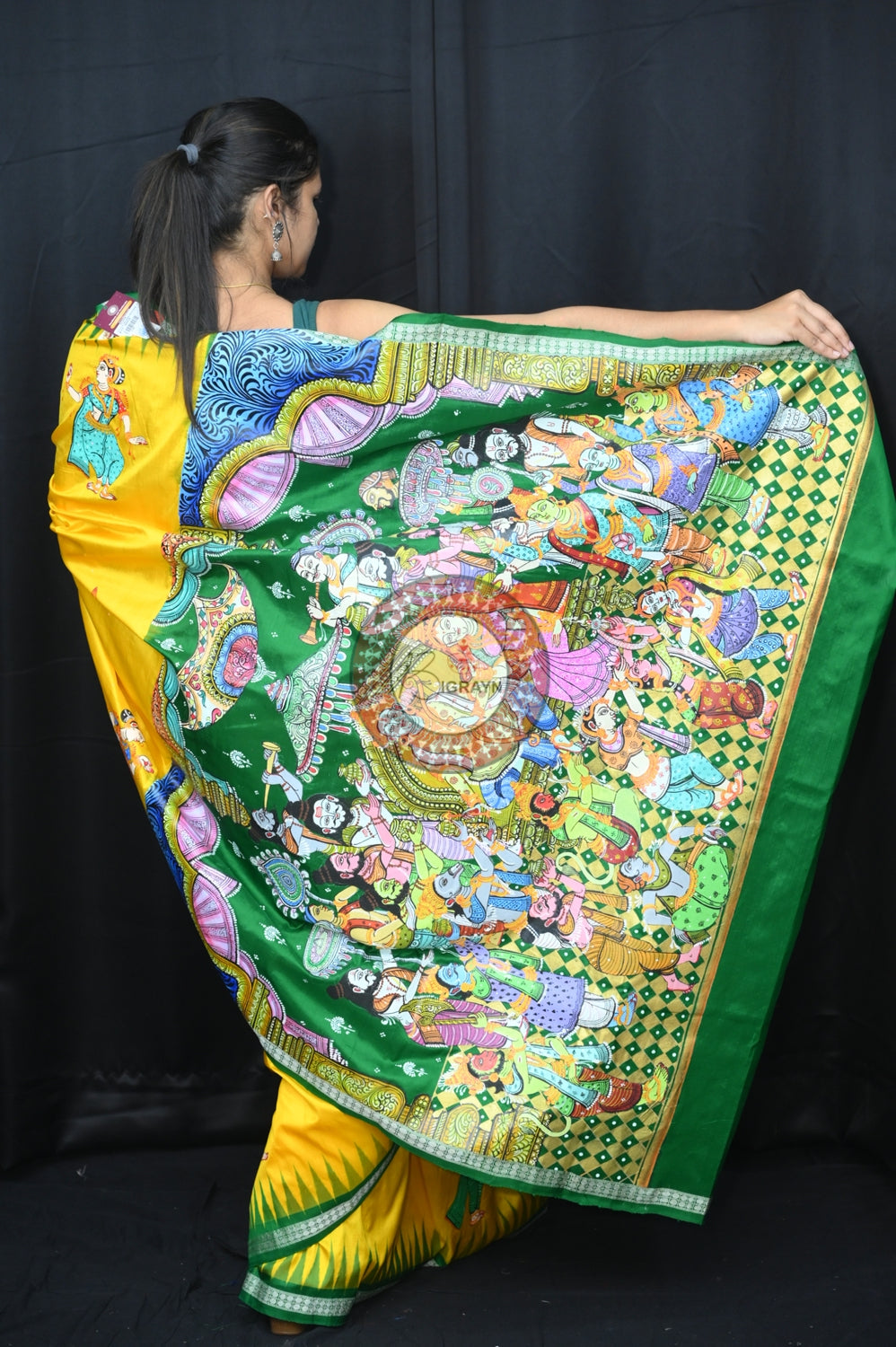 Yellow Green Rama Abhisek Pattachitra Silk Saree