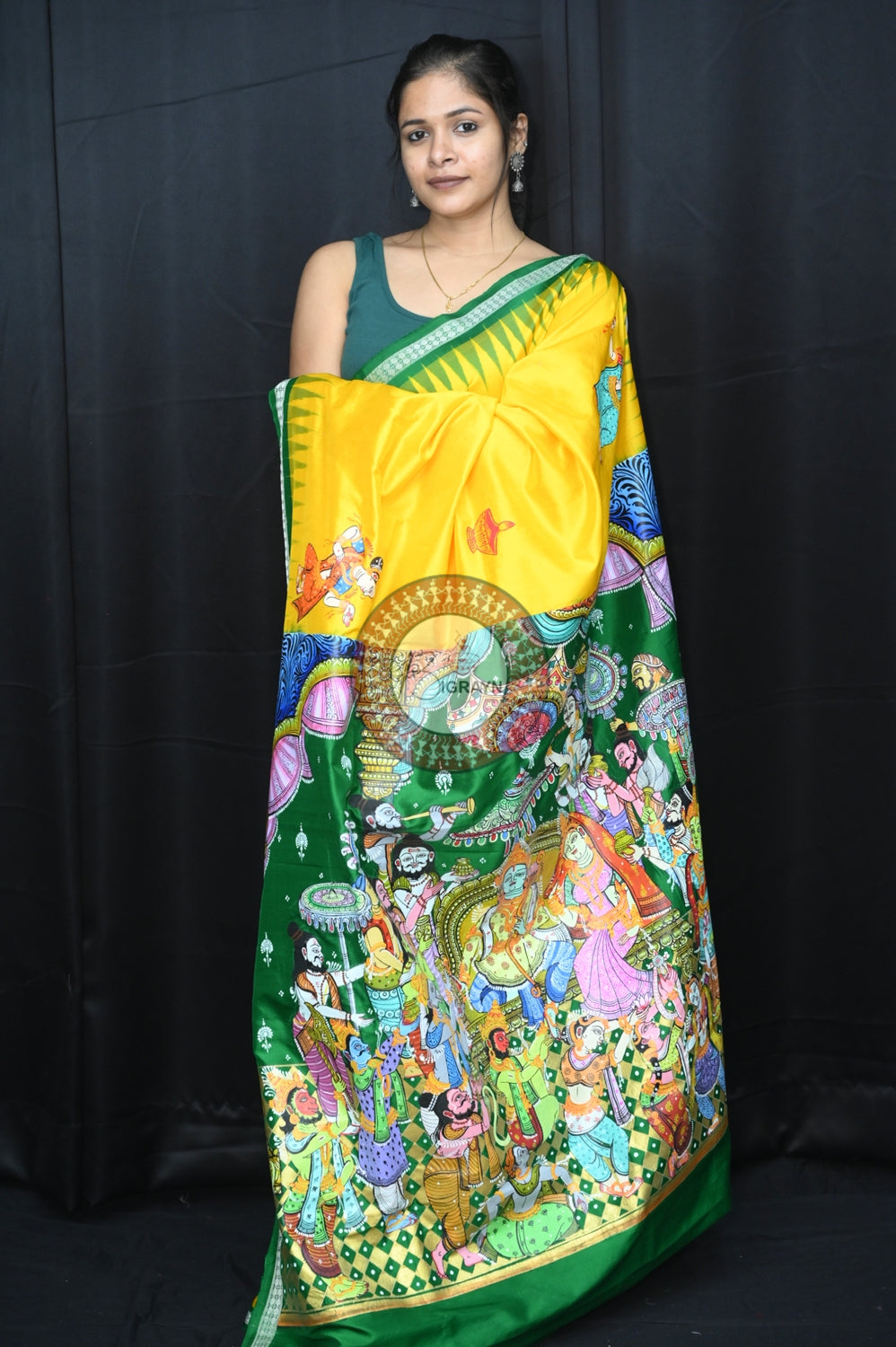 Yellow Green Rama Abhisek Pattachitra Silk Saree