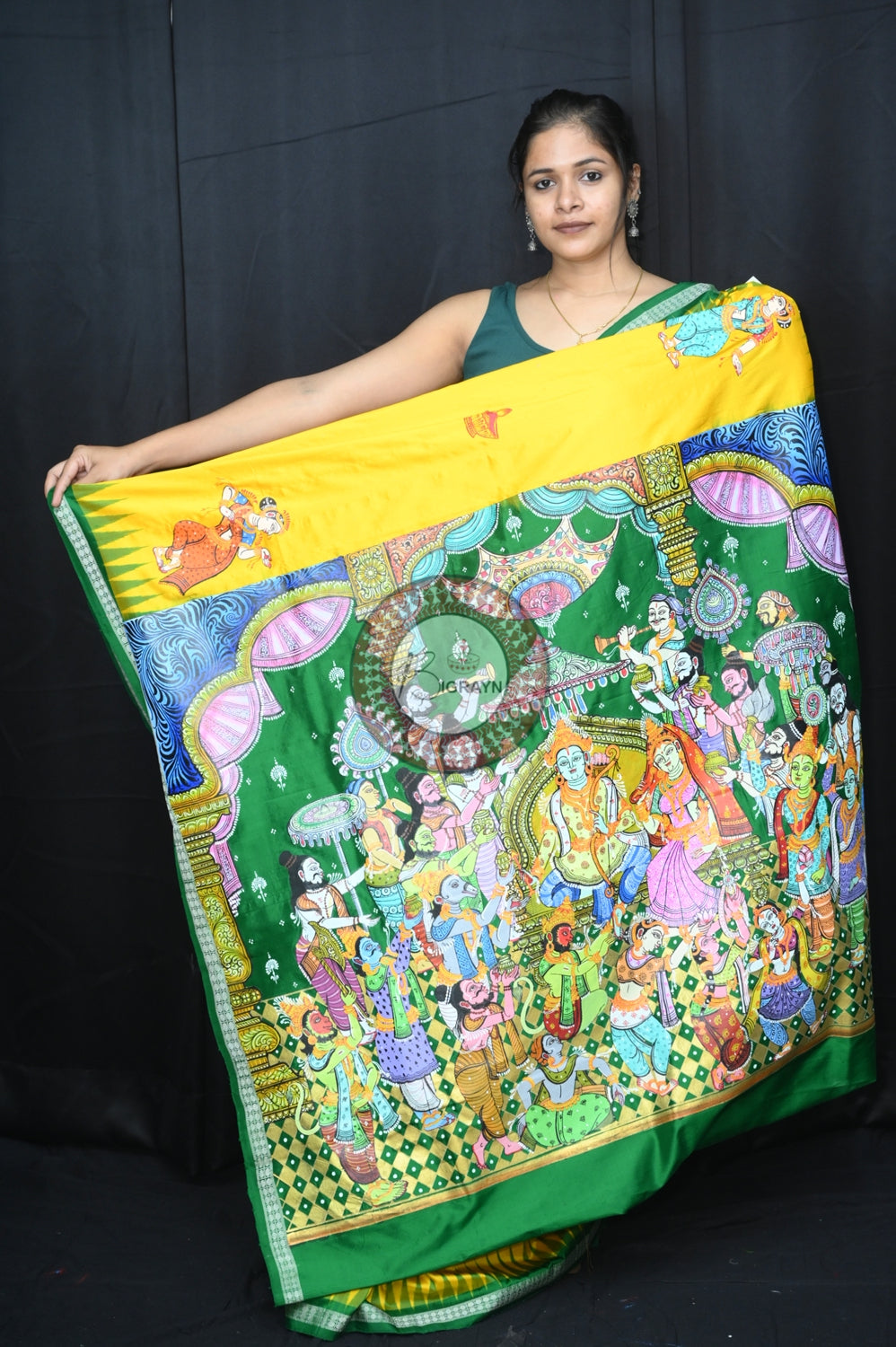Yellow Green Rama Abhisek Pattachitra Silk Saree