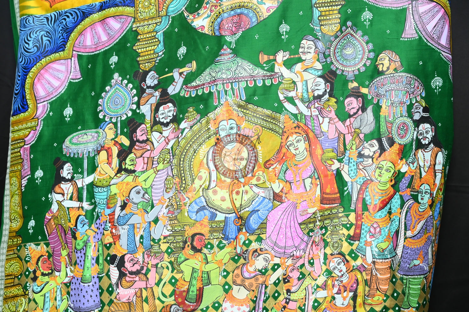 Yellow Green Rama Abhisek Pattachitra Silk Saree