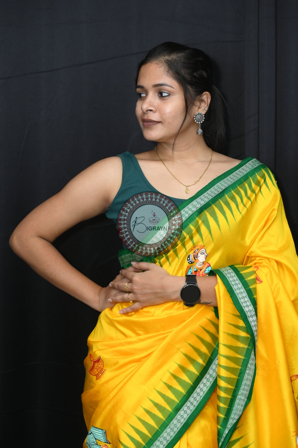 Yellow Green Rama Abhisek Pattachitra Silk Saree
