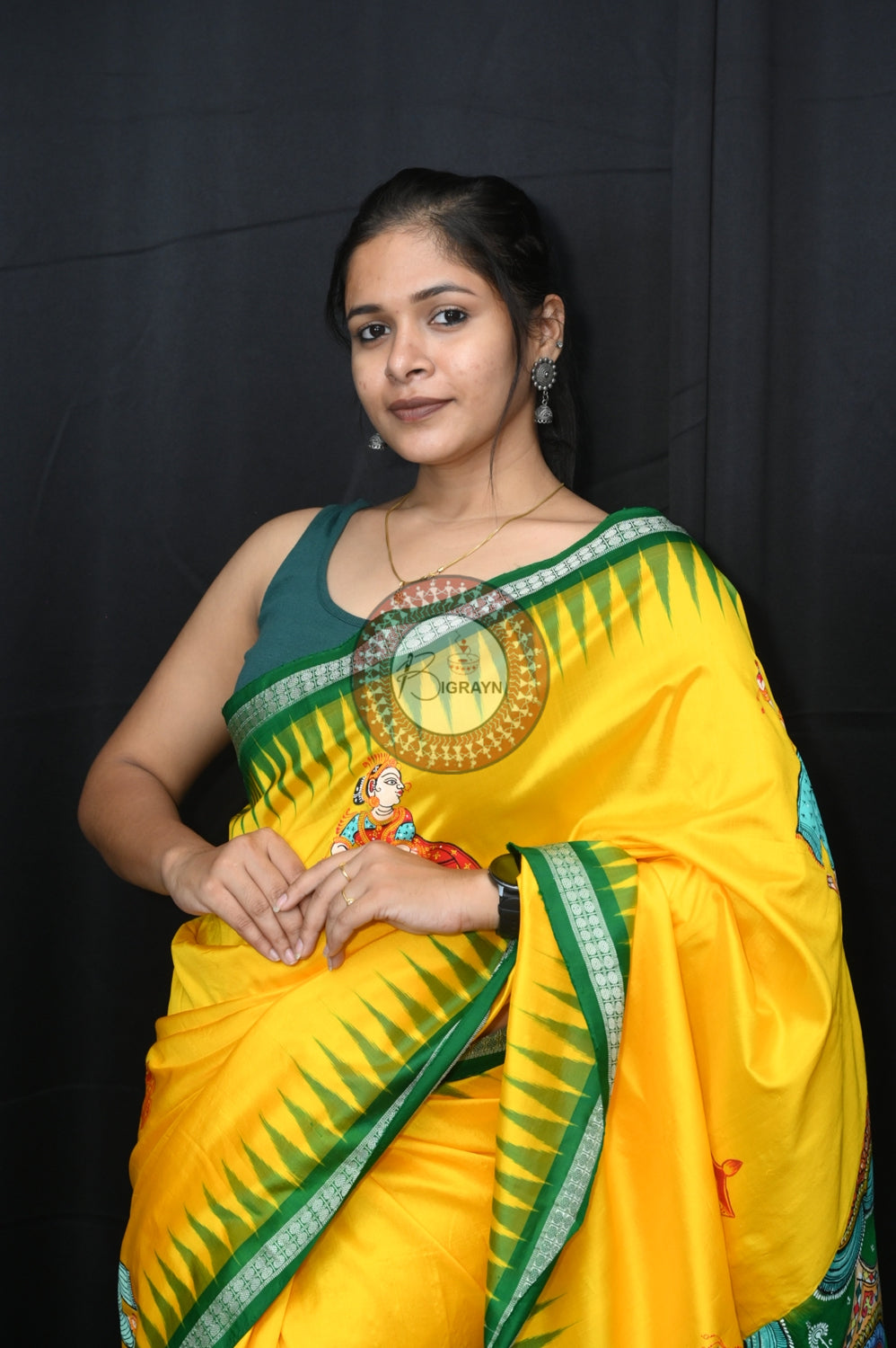 Yellow Green Rama Abhisek Pattachitra Silk Saree