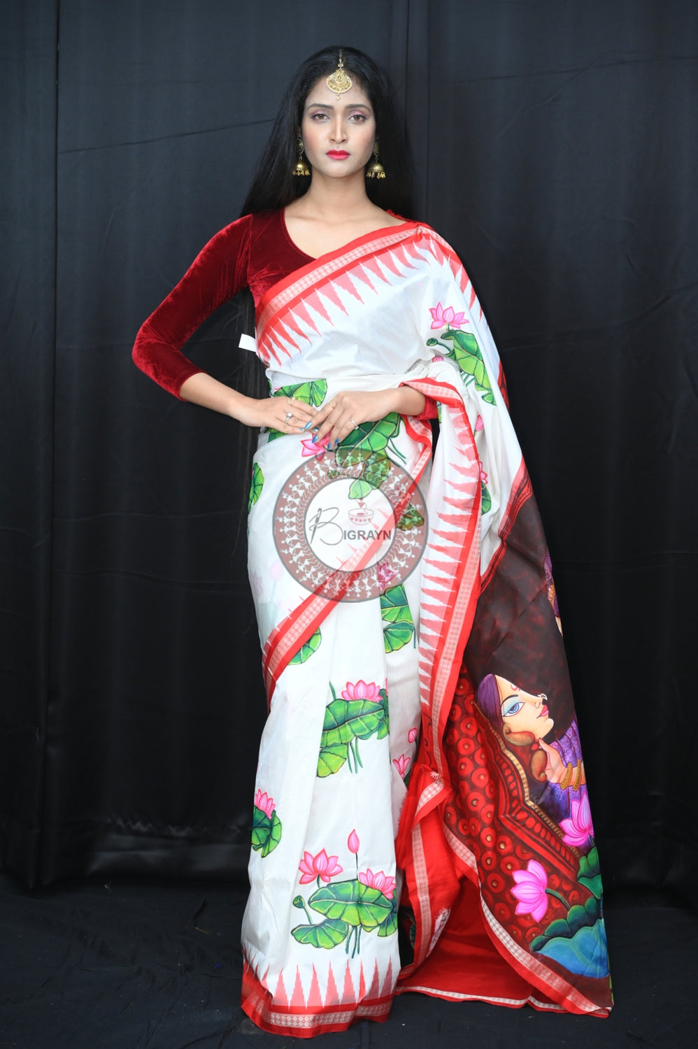 White Red Women with Lotus Pattachitra Silk Saree
