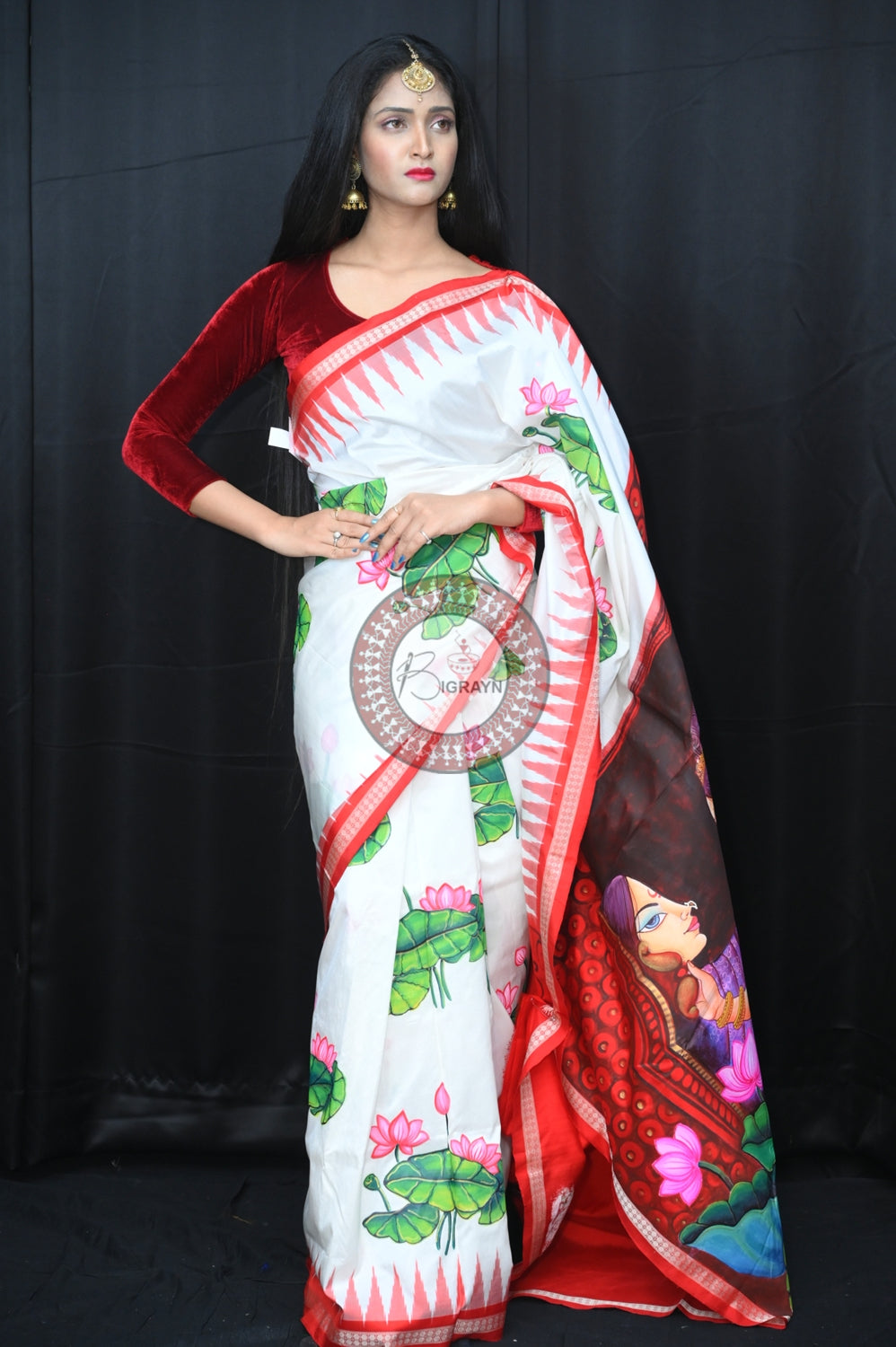 White Red Women with Lotus Pattachitra Silk Saree