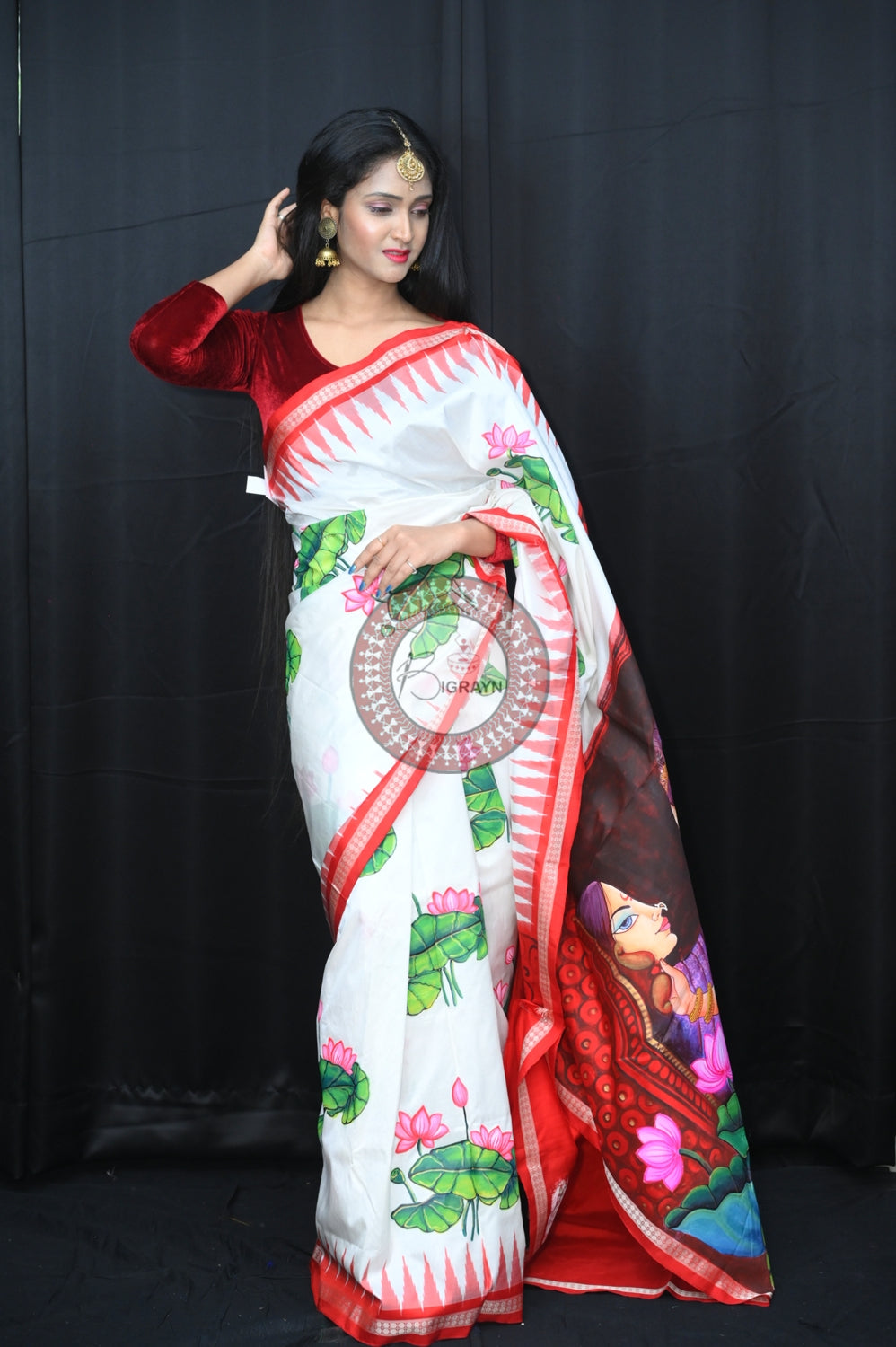 White Red Women with Lotus Pattachitra Silk Saree