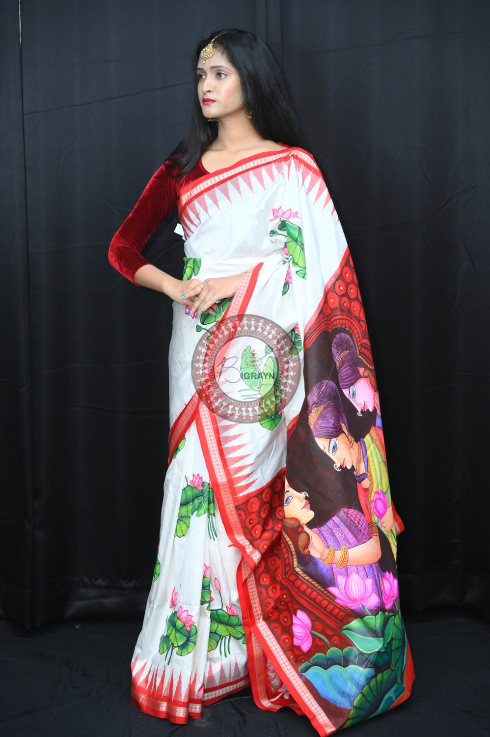 White Red Women with Lotus Pattachitra Silk Saree
