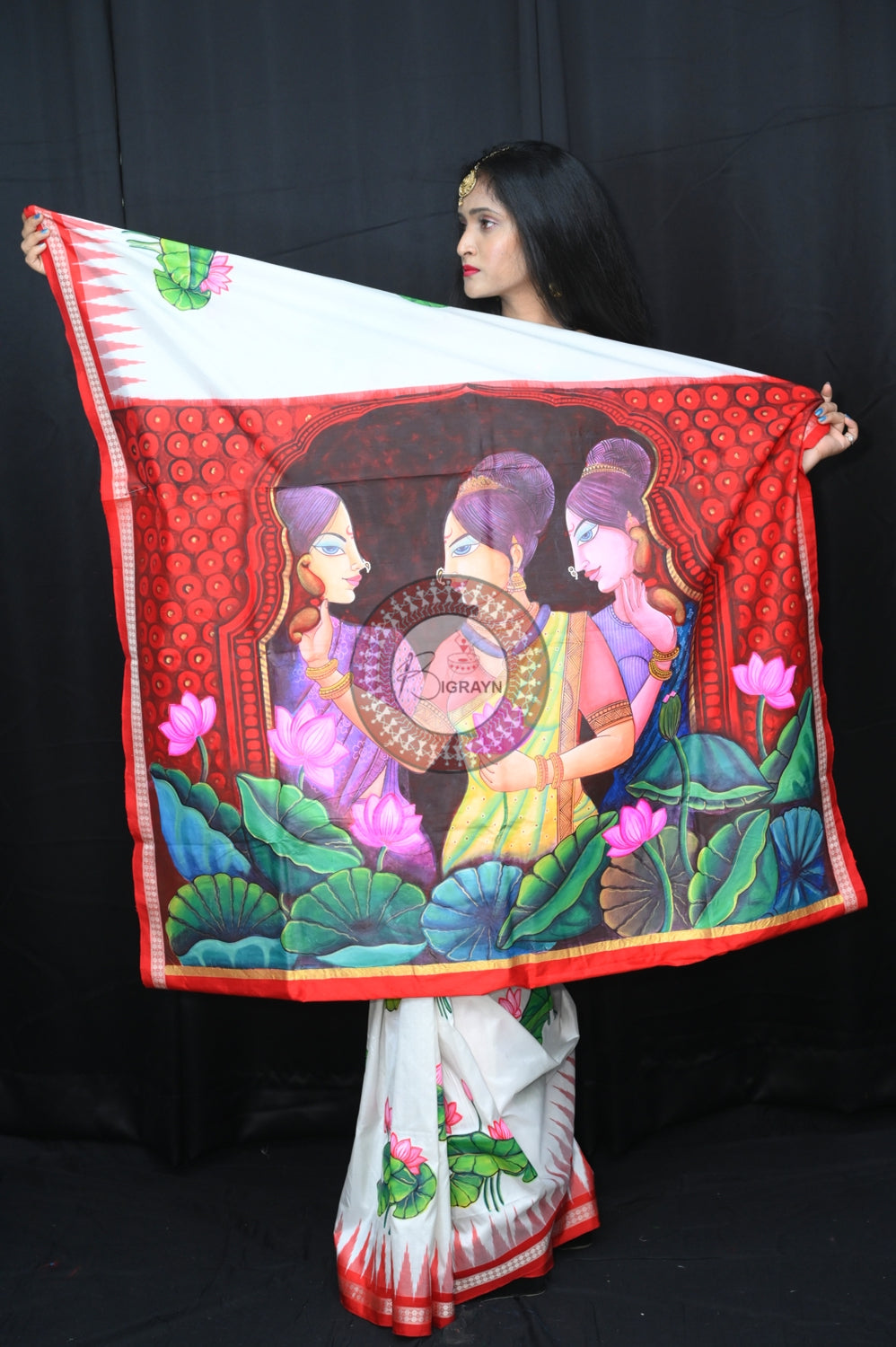 White Red Women with Lotus Pattachitra Silk Saree