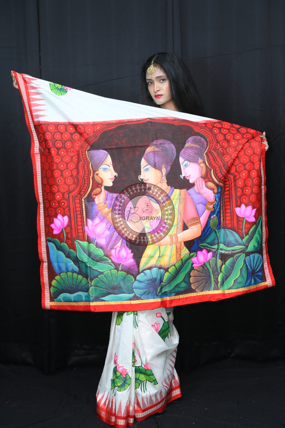 White Red Women with Lotus Pattachitra Silk Saree