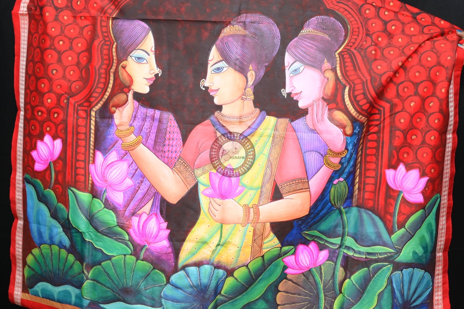 White Red Women with Lotus Pattachitra Silk Saree