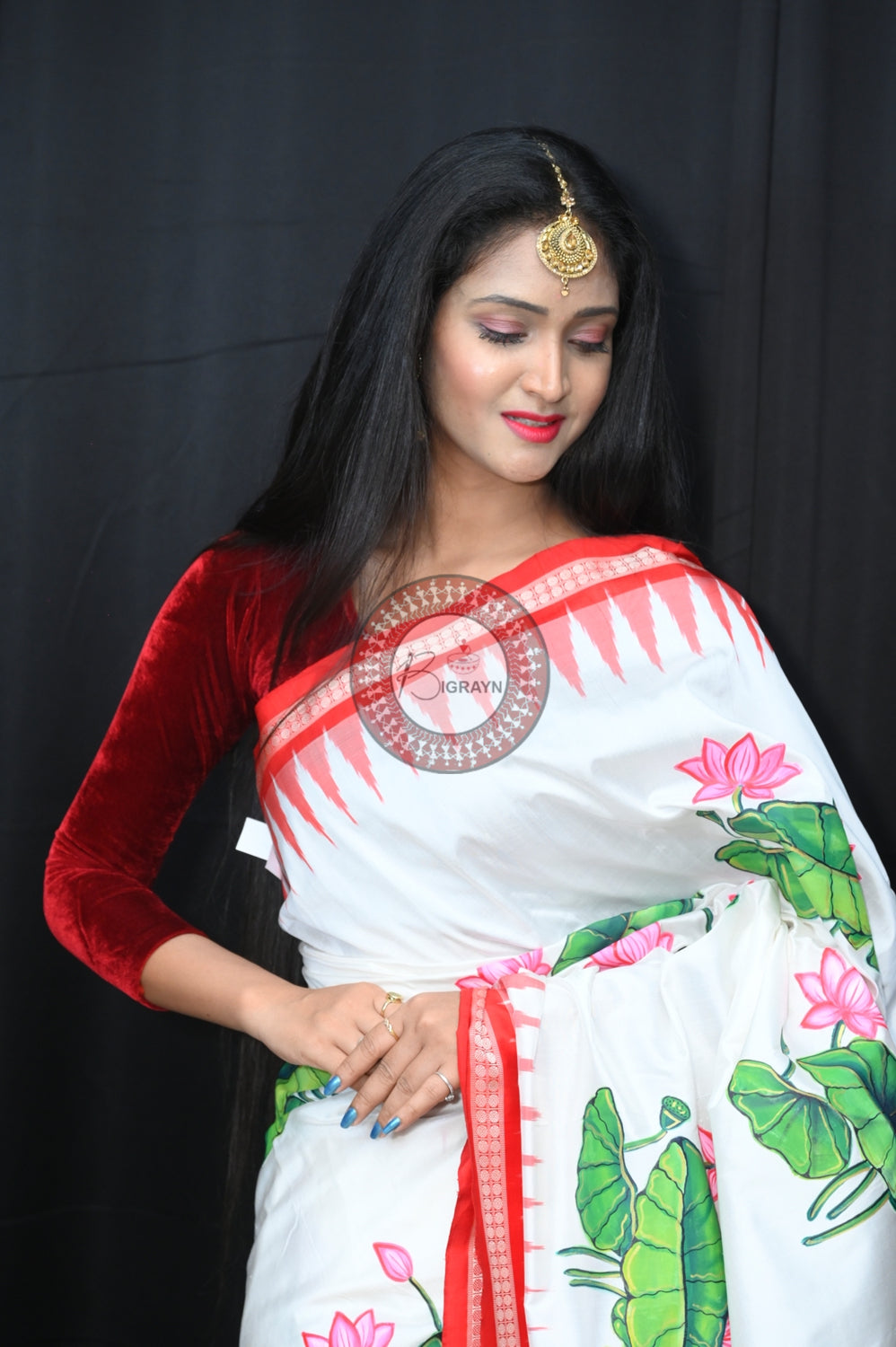 White Red Women with Lotus Pattachitra Silk Saree
