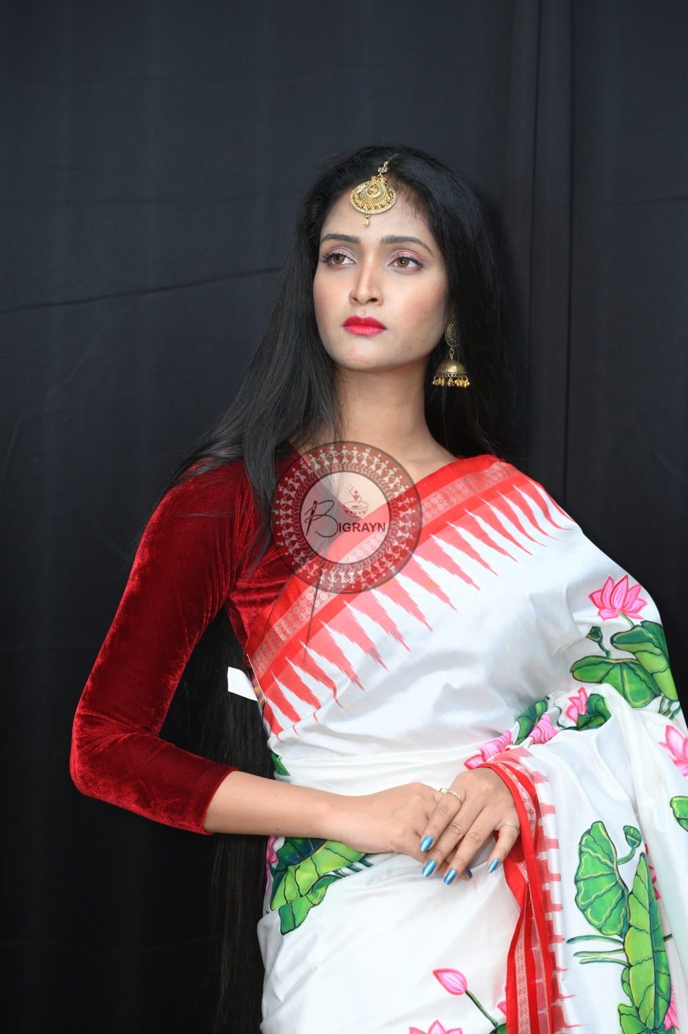 White Red Women with Lotus Pattachitra Silk Saree