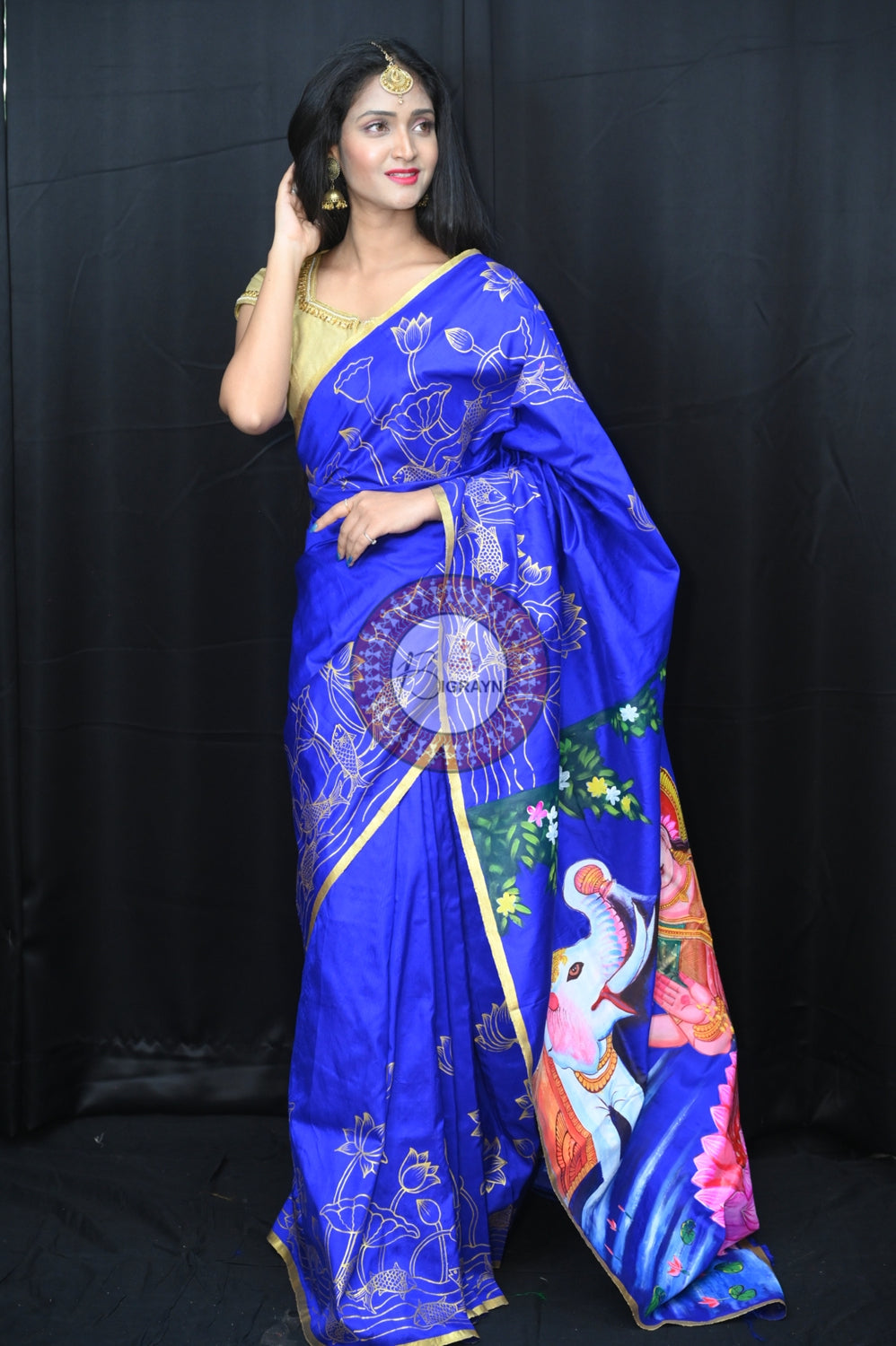 Blue GajaLaxmi Theme Pattachitra Silk Saree