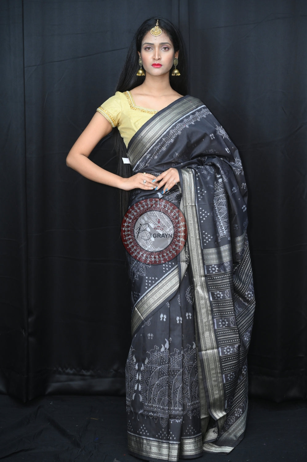 Greyish Black Laxmi Pada Jhoti Natural Dye Silk Saree