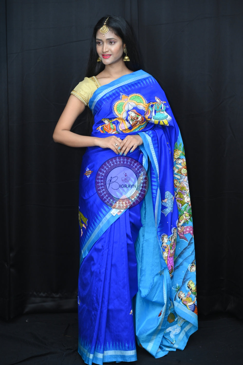 Blue Marriage Rituals Pattachitra Silk Saree