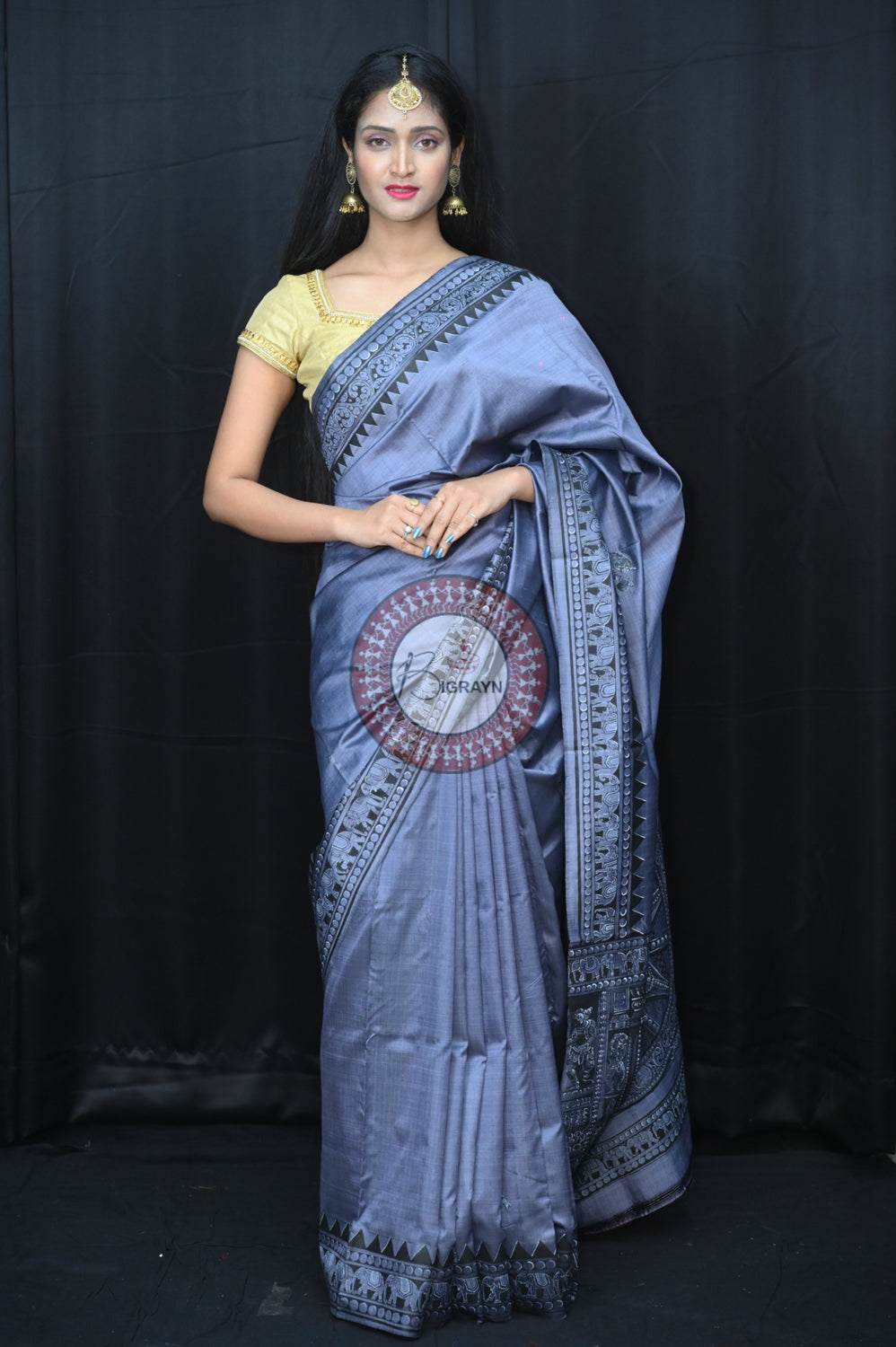 Blackish Grey Konark Chakra Exclusive Pattachitra Silk Saree