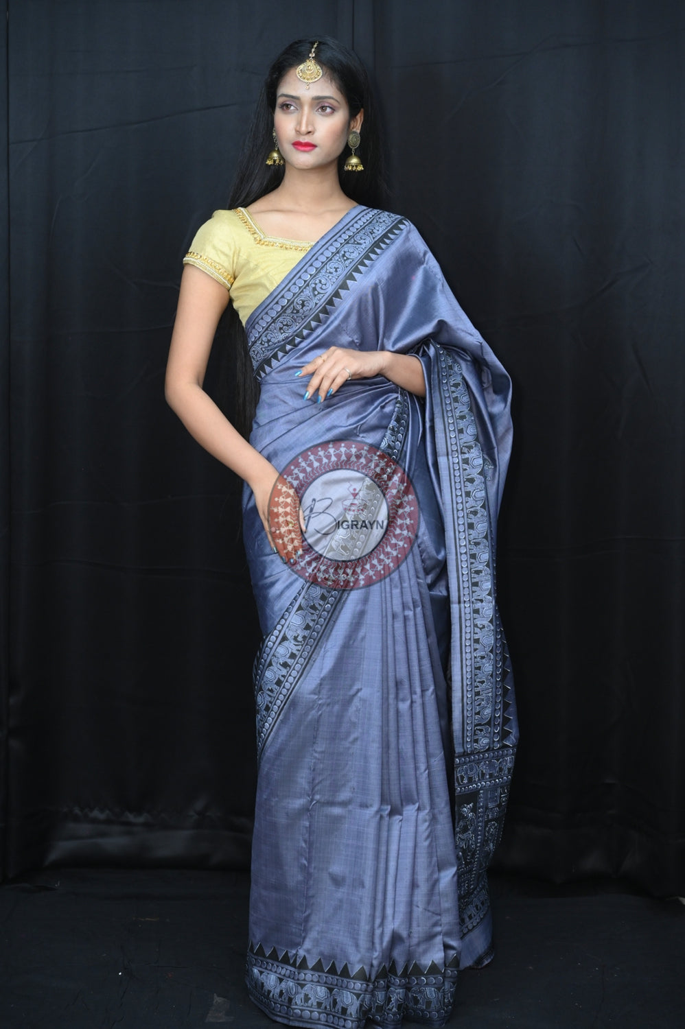 Blackish Grey Konark Chakra Exclusive Pattachitra Silk Saree