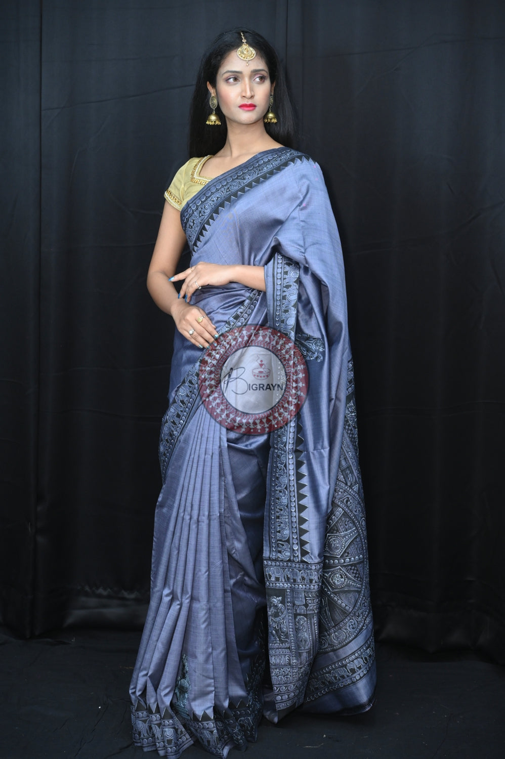 Blackish Grey Konark Chakra Exclusive Pattachitra Silk Saree
