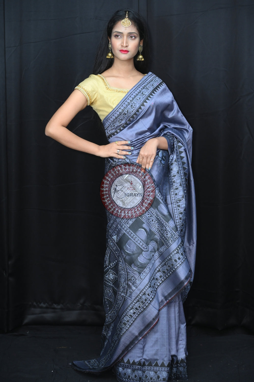 Blackish Grey Konark Chakra Exclusive Pattachitra Silk Saree