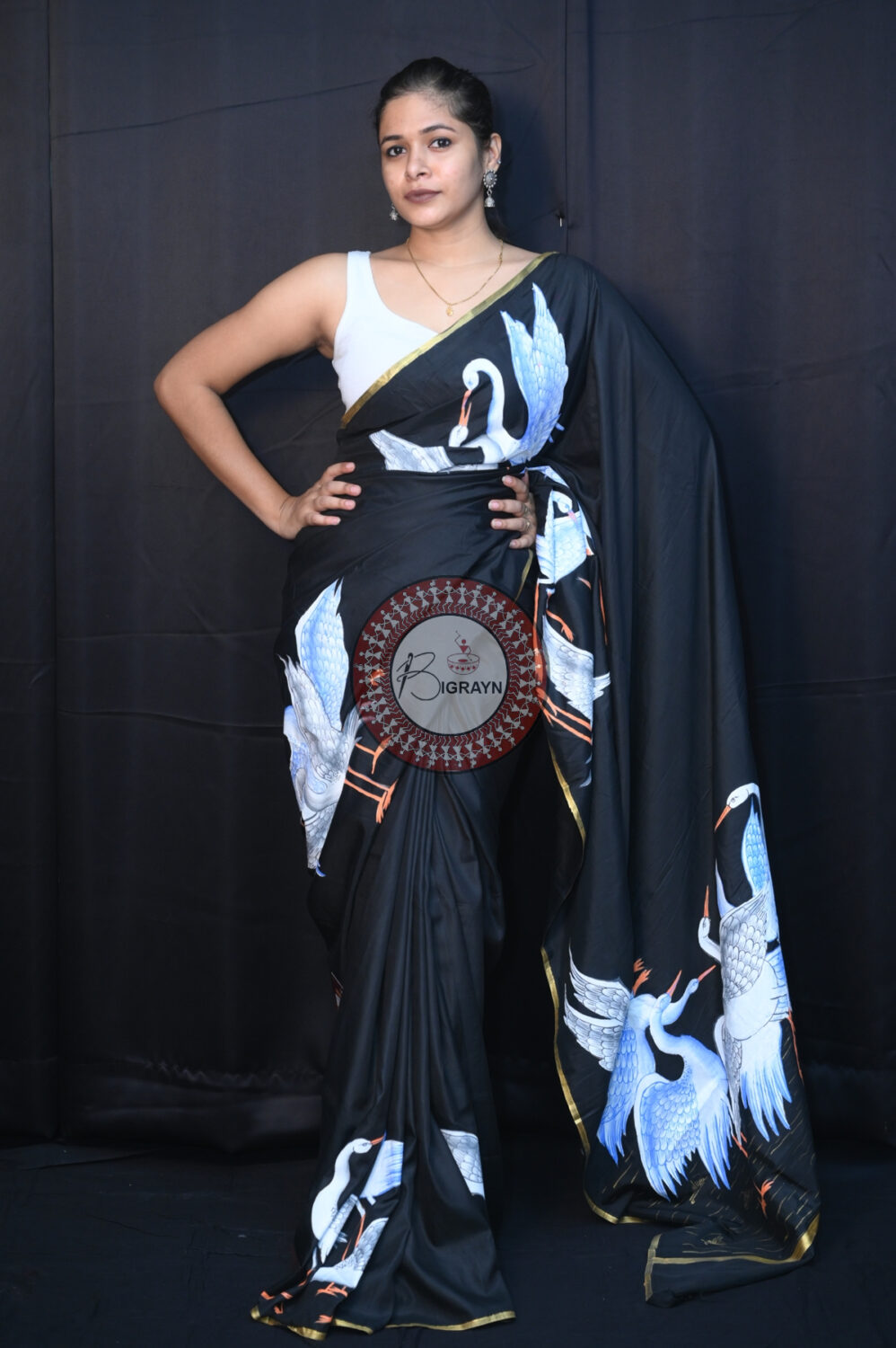 Black Flamingo Birds Pattachitra Silk Saree