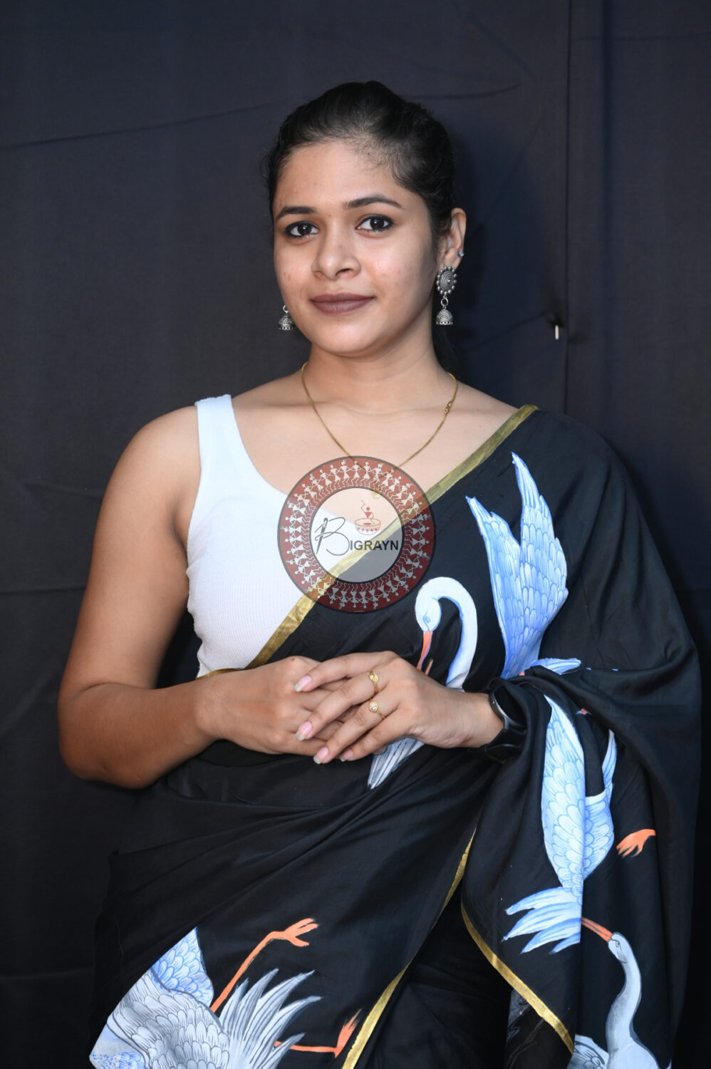 Black Flamingo Birds Pattachitra Silk Saree