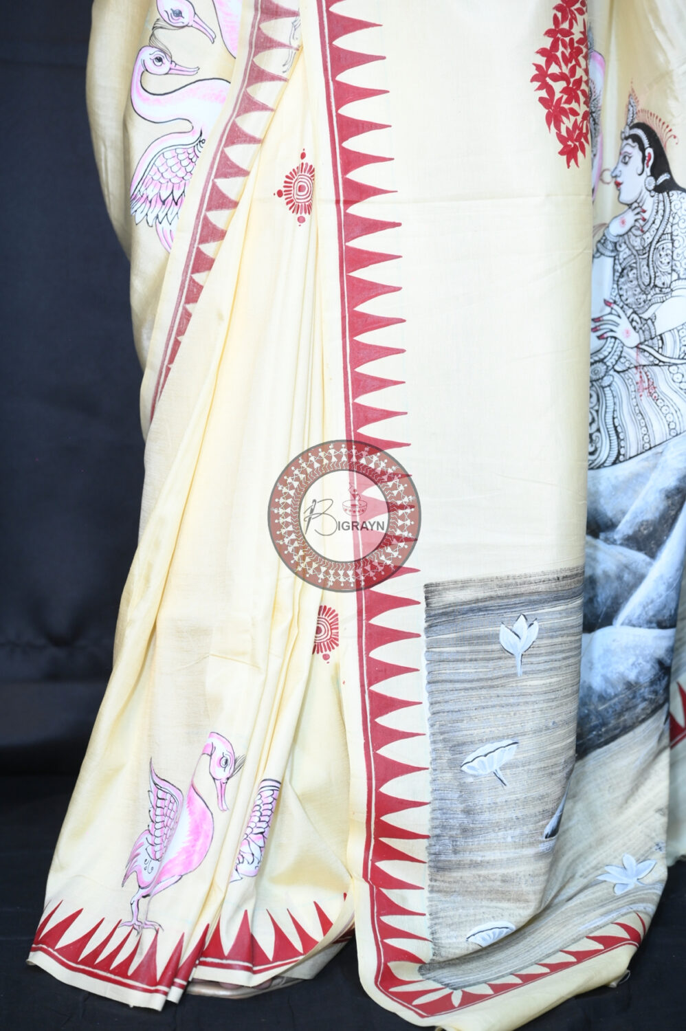 Cream Radha Krishna & Swans Pattachitra Silk Saree