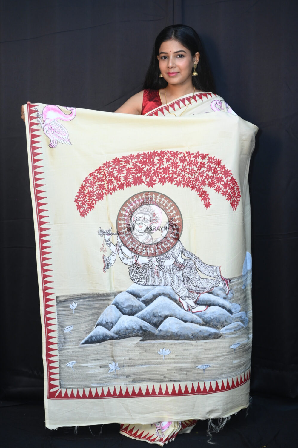 Cream Radha Krishna & Swans Pattachitra Silk Saree