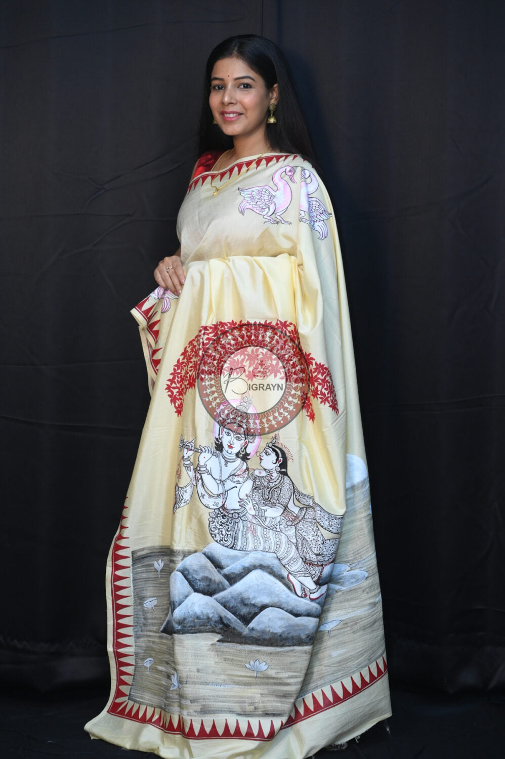 Cream Radha Krishna & Swans Pattachitra Silk Saree