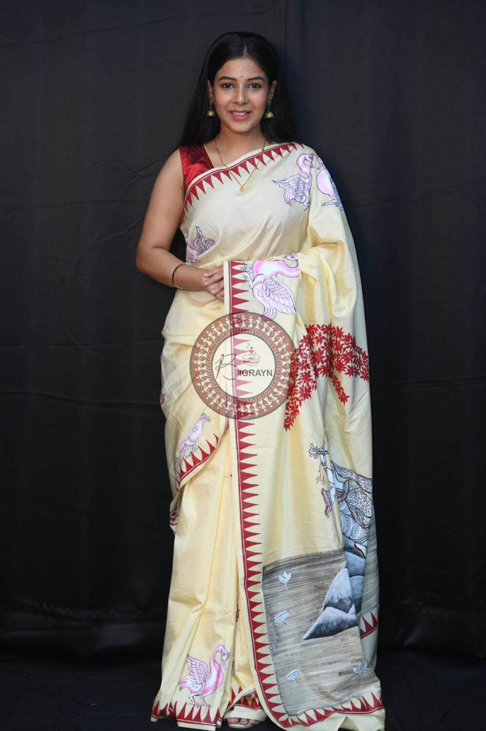 Cream Radha Krishna & Swans Pattachitra Silk Saree